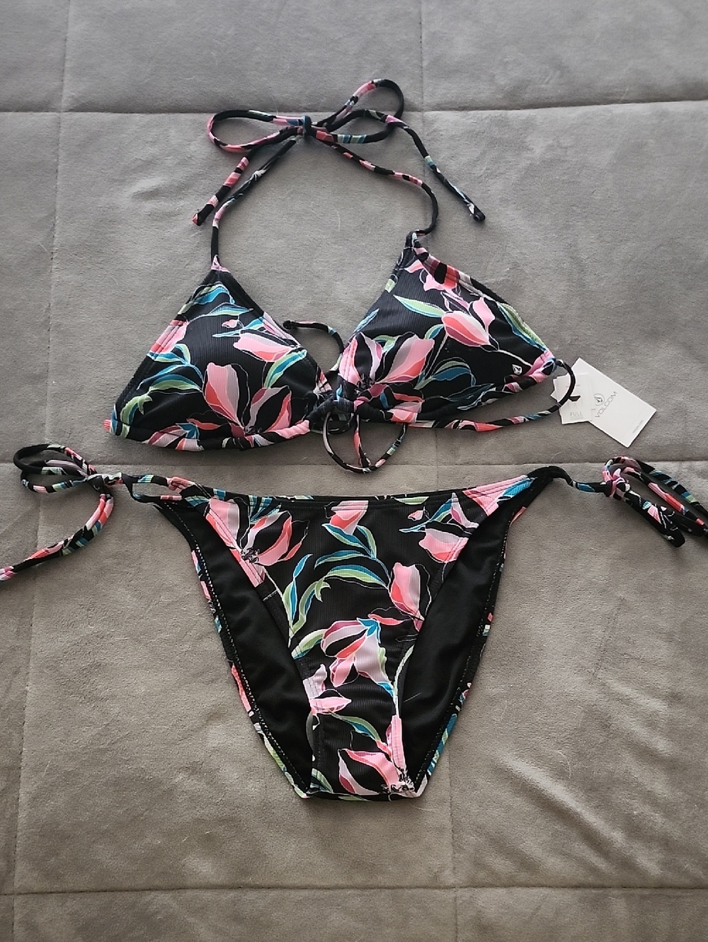 Floral Pink & Green Tie-Side Bikini Set on Black